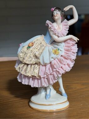 Vintage Volkstedt Porcelain Ballerina Figurine in Pink and Blue Collectible